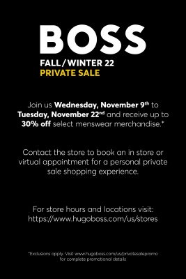 HUGO BOSS FALL WINTER 22 PRIVATE SALE Walden Galleria